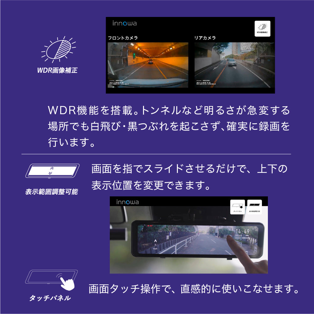 【新商品!!】innowa HORIZON 2 デジタルルームミラー機能付き ドライブレコーダー 前後2カメラ フロントカメラ分離式 前後200万画素 STARVIS FullHD GPS搭載