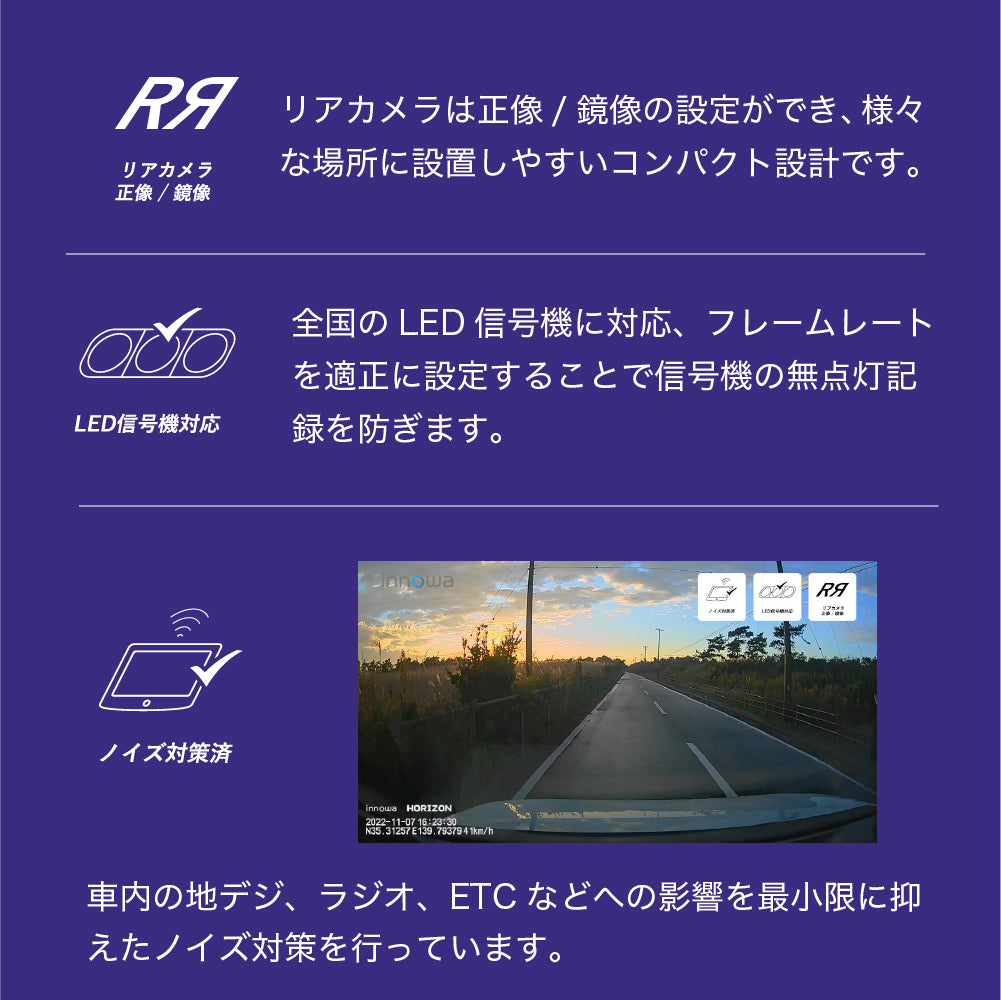 【新商品!!】innowa HORIZON 2 デジタルルームミラー機能付き ドライブレコーダー 前後2カメラ フロントカメラ分離式 前後200万画素 STARVIS FullHD GPS搭載