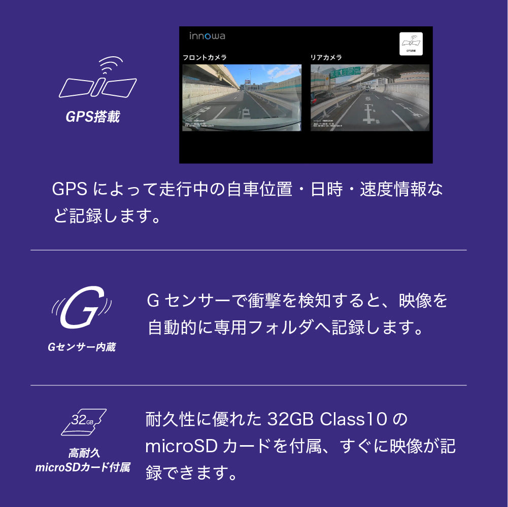 【新商品!!】innowa HORIZON 2 デジタルルームミラー機能付き ドライブレコーダー 前後2カメラ フロントカメラ分離式 前後200万画素 STARVIS FullHD GPS搭載