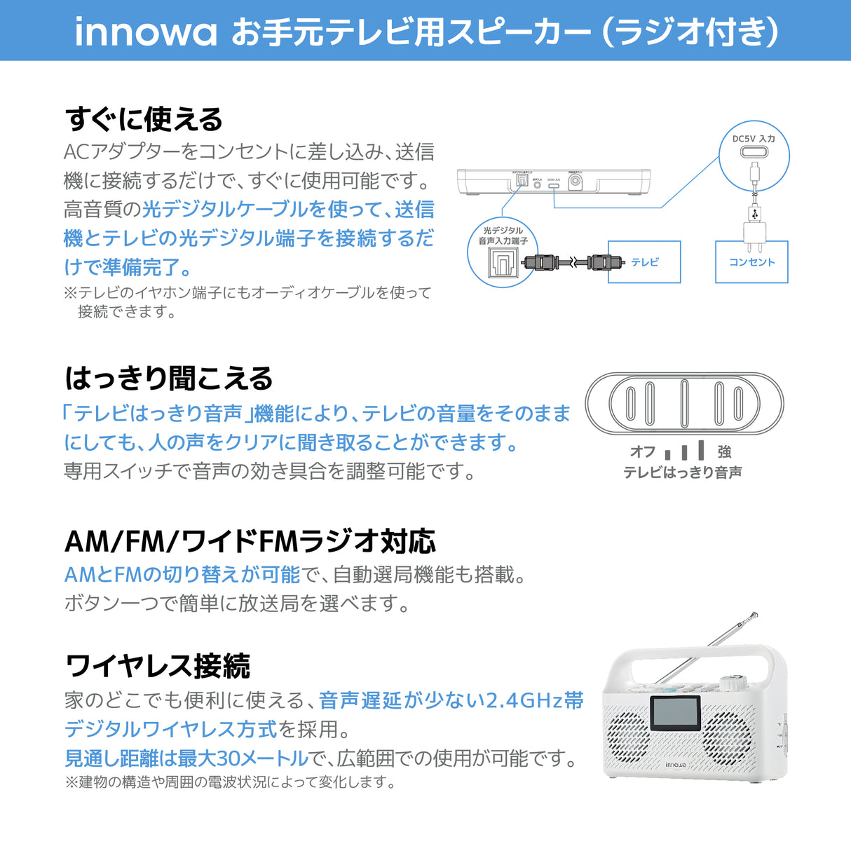 innowa お手元テレビ用スピーカー(ラジオ付き)