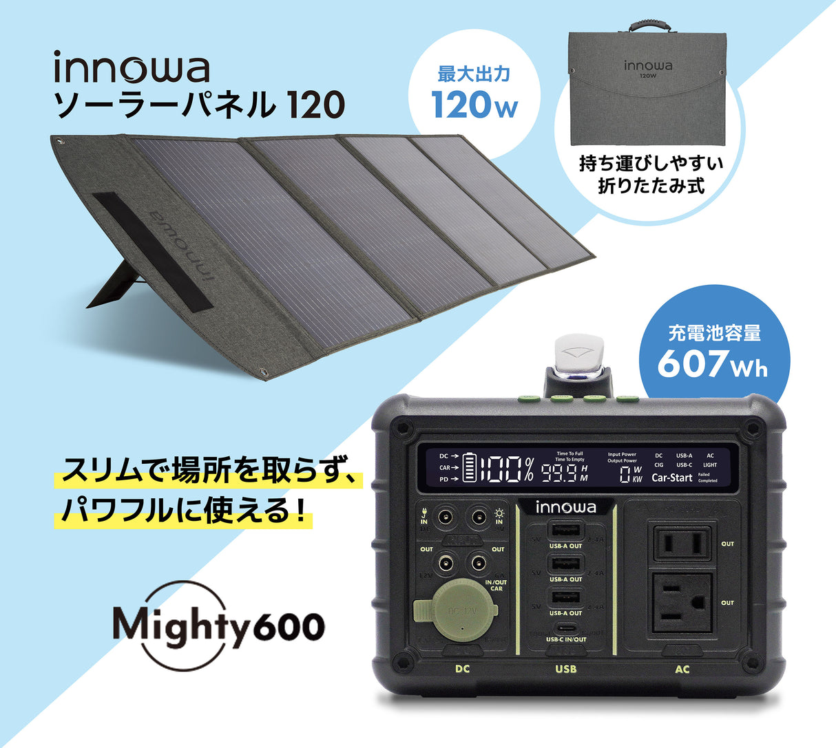 【セット】innowa ポータブル電源 Mighty 600 & ソーラーパネル120