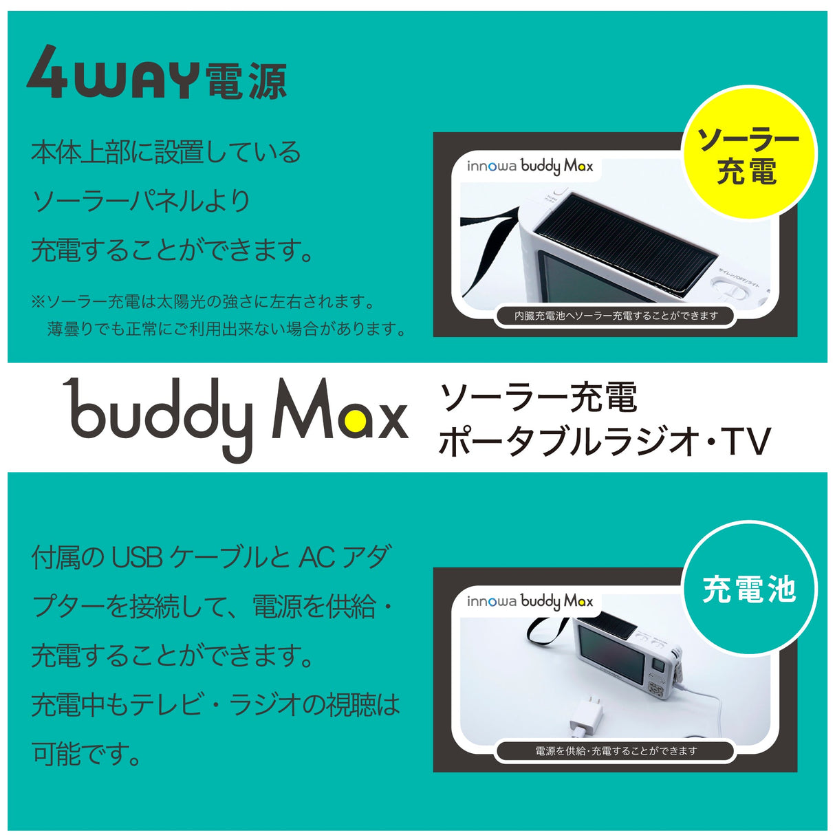 innowa buddy Max ソーラー充電 手回し ポータブルテレビ・ラジオ 4WAY電源 LEDライト モバイルバッテリー 防災 アウトドア