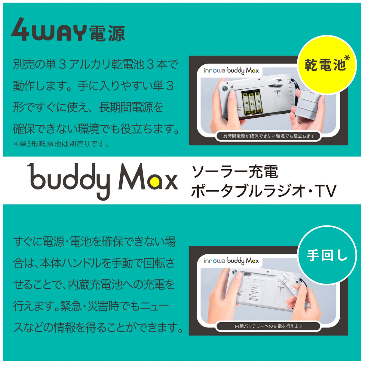 innowa buddy Max ソーラー充電 手回し ポータブルテレビ・ラジオ 4WAY電源 LEDライト モバイルバッテリー 防災 アウトドア