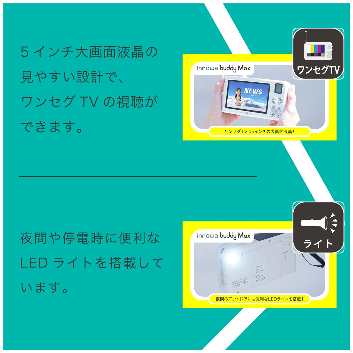 innowa buddy Max ソーラー充電 手回し ポータブルテレビ・ラジオ 4WAY電源 LEDライト モバイルバッテリー 防災 アウトドア
