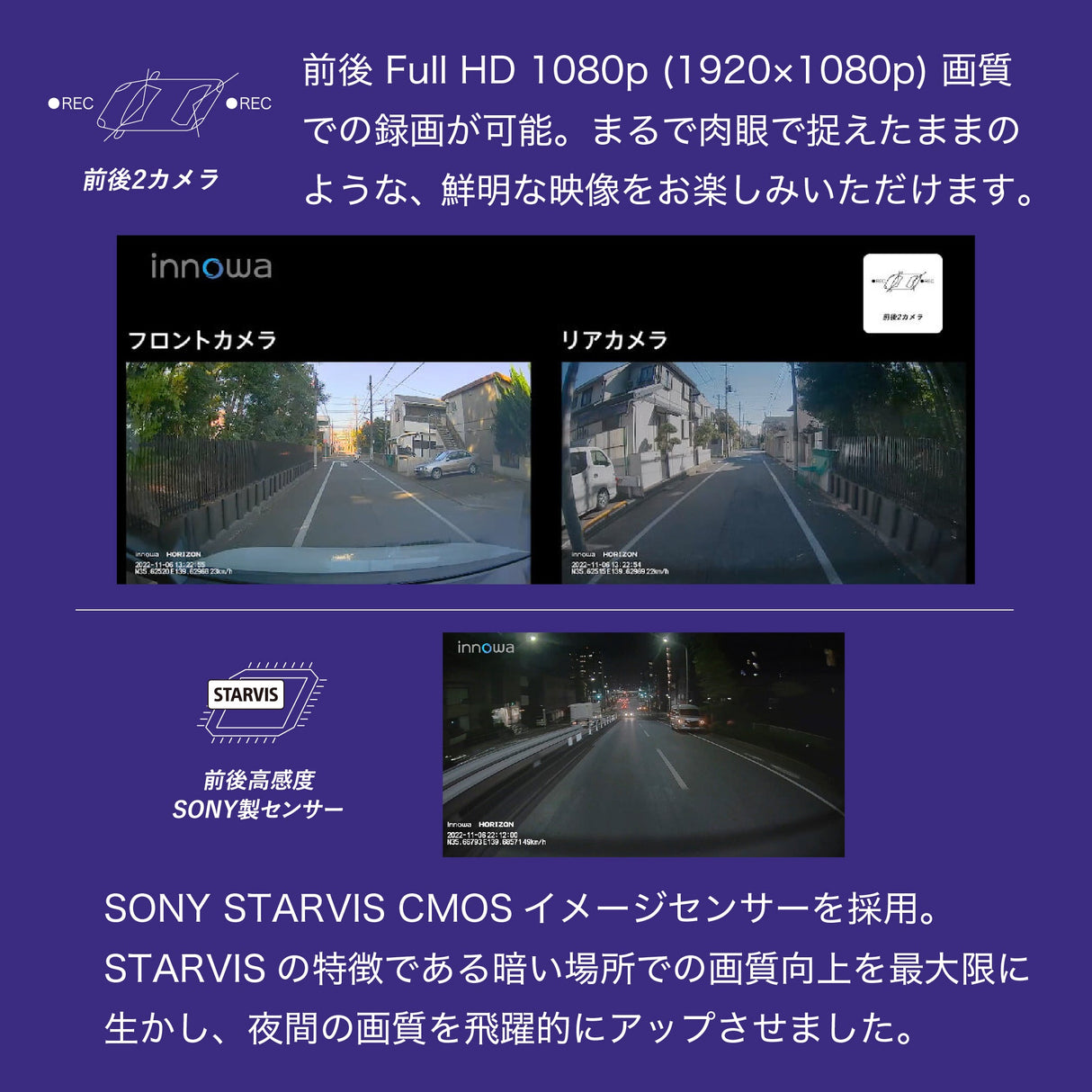 innowa HORIZON デジタルルームミラー機能付き ドライブレコーダー 前後2カメラ フロントカメラ分離式 前後200万画素 STARVIS FullHD GPS搭載