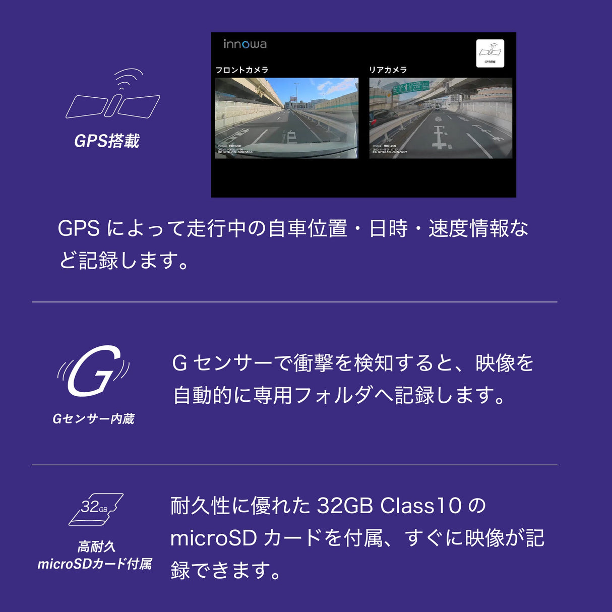 innowa HORIZON デジタルルームミラー機能付き ドライブレコーダー 前後2カメラ フロントカメラ分離式 前後200万画素 STARVIS FullHD GPS搭載