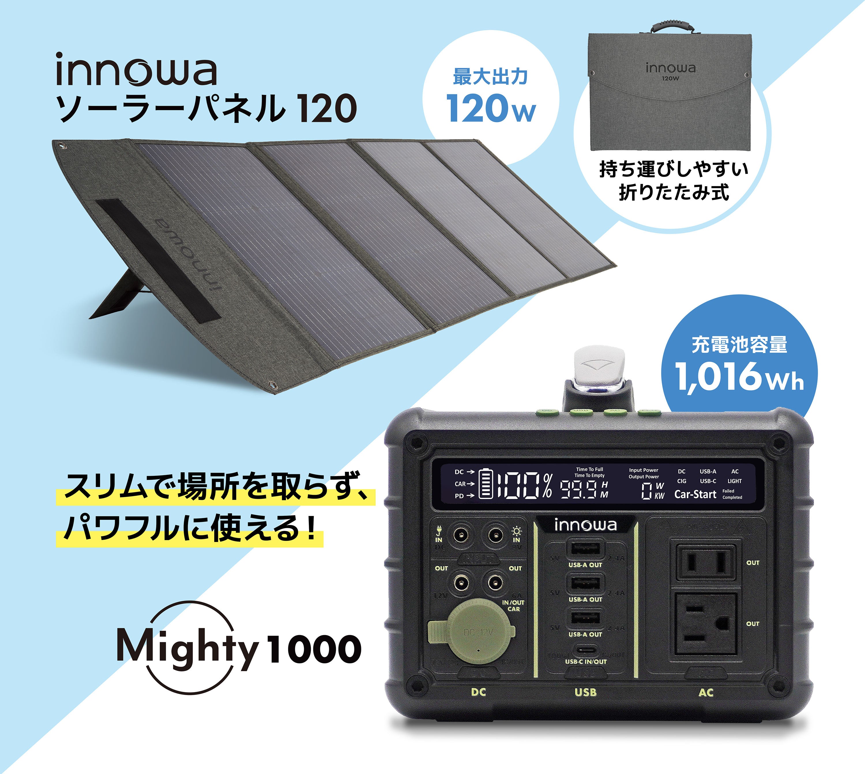 セット】innowa ポータブル電源 Mighty 1000 & ソーラーパネル120 