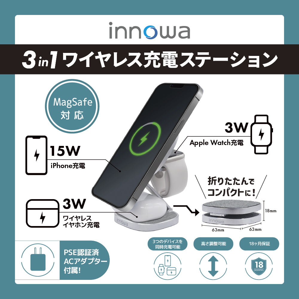 初夏限定価格】innowa 3in1 ワイヤレス充電ステーション(ACアダプター