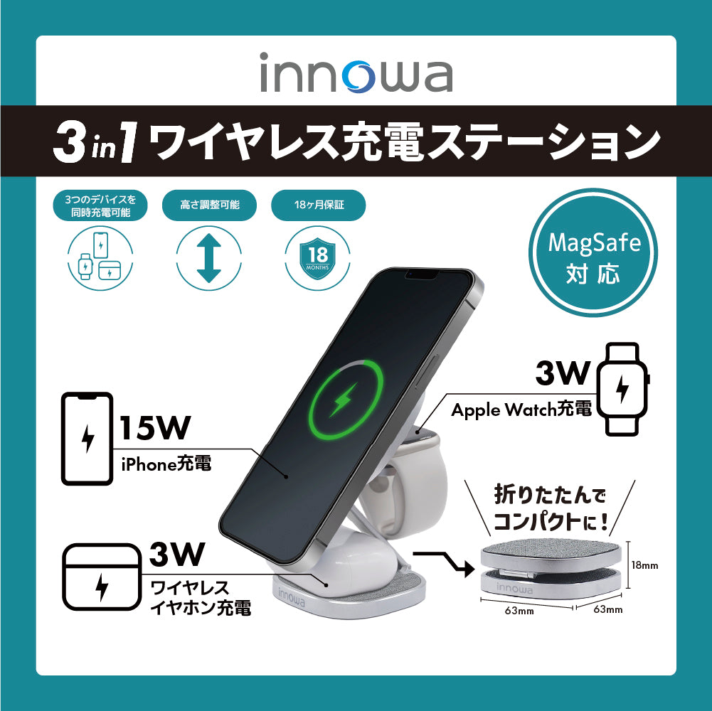 Apple公認3in1 MagSafe対応 ワイヤレス充電ステーション 高速充電 置くだけで急速充電！Apple社の正規認証を取得した3in1のワイヤレス