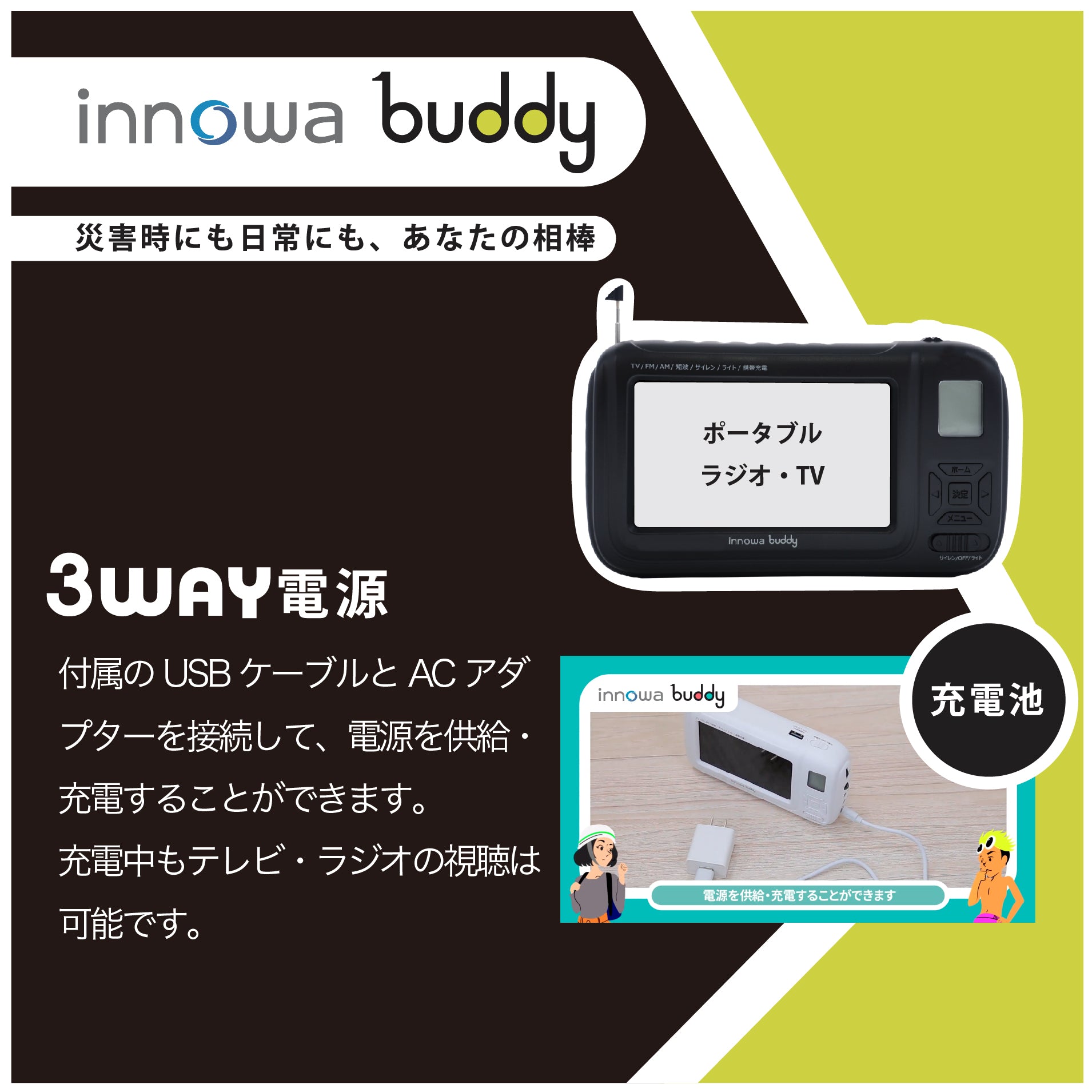 innowa buddy (Black) 手回し ポータブルテレビ・ラジオ 3WAY電源 LEDライト モバイルバッテリー 防災 アウトドア –  innowa 公式サイト