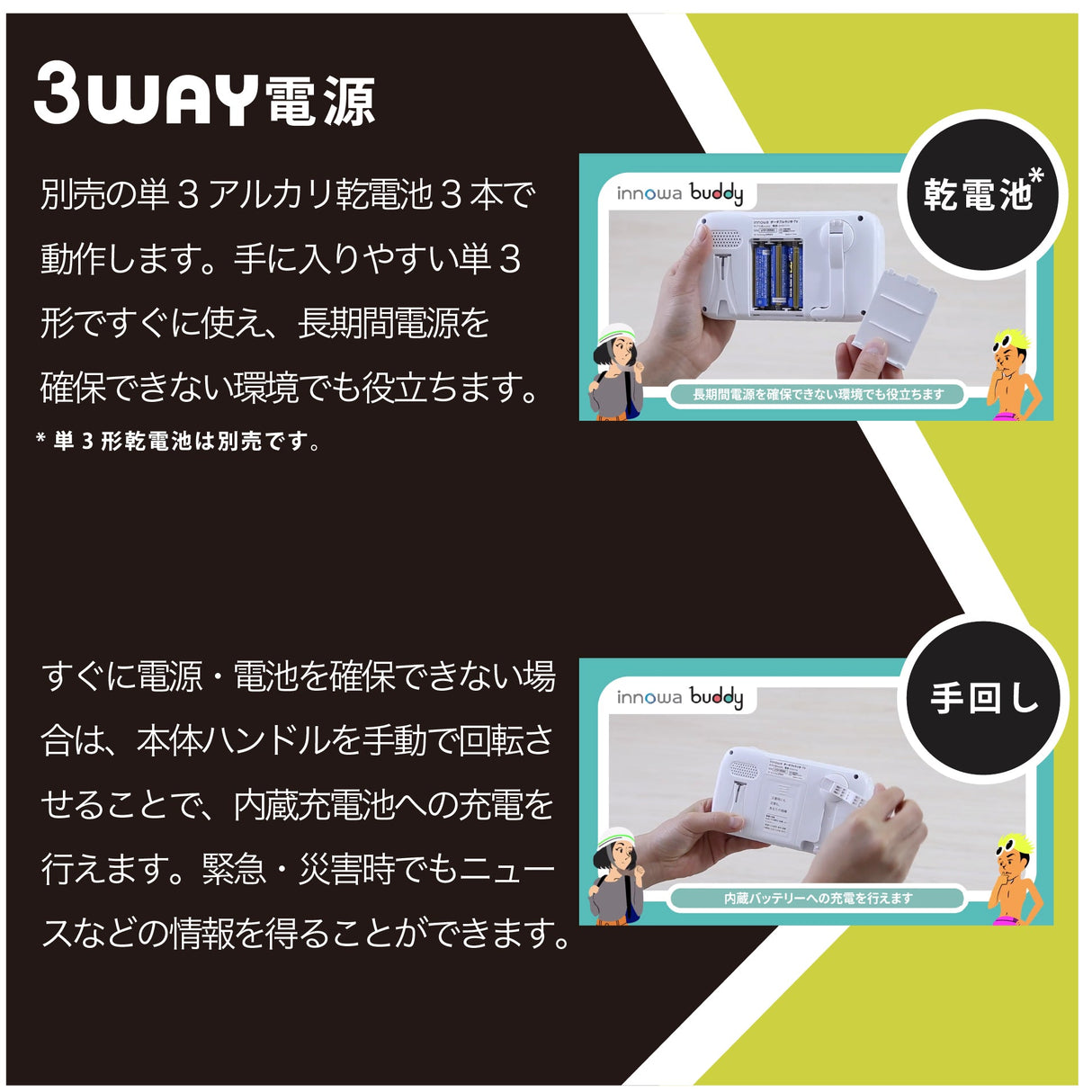 innowa buddy (Black) 手回し ポータブルテレビ・ラジオ 3WAY電源 LEDライト モバイルバッテリー 防災 アウトドア